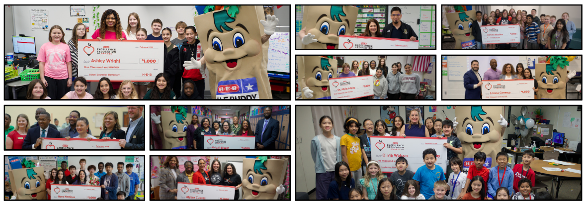 Finalists for the H-E-B Excellence in Education Awards program posing with a $1,000 check from the Houston area.